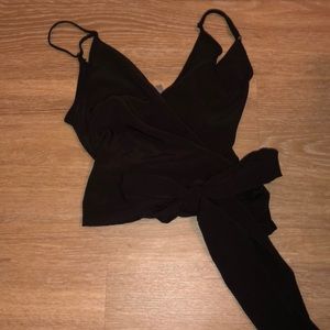 Black wrap crop tank with tie detail